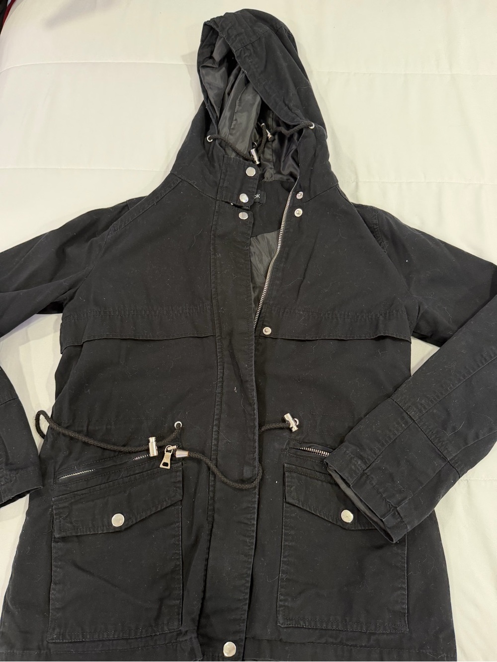 Black Hooded Drawcord Parka Jacket - Women